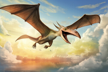 Fototapeta premium Imaginative portrayal of Pteranodon, a flying reptile known for its long crested beak and wingspan.