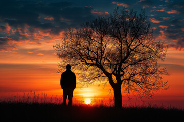 silhouette of a person and tree against sunset