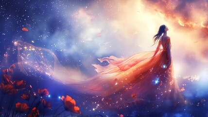 Fototapeta na wymiar Attractive young woman, girl in a fancy dress in front of the entrance to the mysterious fantasy world against the background of the picturesque sky with clouds and stars