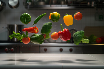 Floating levitating vegetables in a kitchen 