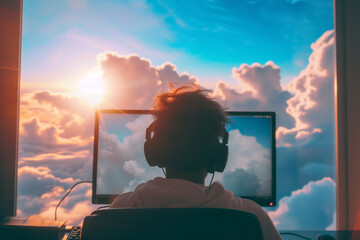 person using computer with cloud wallpaper screen and cloud background