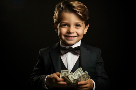 A young smiling happy boy in the image of a successful businessman in a business suit near a pile of money