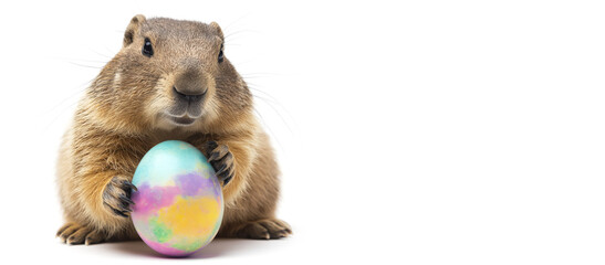 Festive Groundhog: Holding Colorful Easter Egg, Adds Playful Touch to Holiday Spirit on White Background.