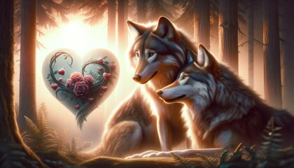 Romantic Scene of a Loving Wolf Couple with Artistic Heart in the Background