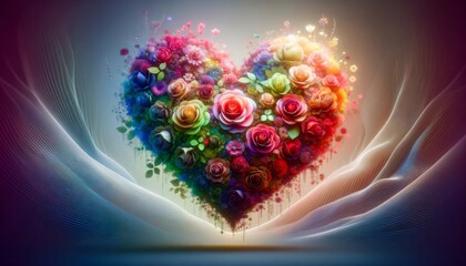 Luminous Floral Heart with Volumetric Lighting and Ethereal Mescaline Background - obrazy, fototapety, plakaty