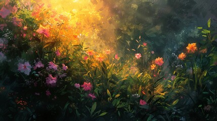 Fototapeta na wymiar A lush, impressionistic garden at sunrise, with thick, vibrant brush strokes and explosion of colors from the blooming flowers. Oil painting. 