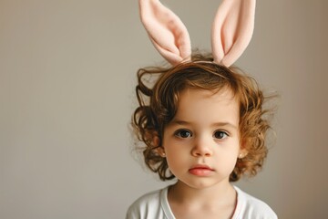 A young child with wistful eyes and bunny ears looks directly at the camera, their curly hair and earnest expression painting a picture of childhood wonder against a muted backdrop. - obrazy, fototapety, plakaty