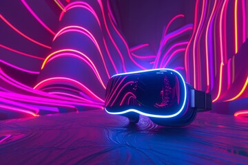 VR Headset Against Abstract Neon Swirls. Virtual reality glasses set against a backdrop of swirling neon lines, depicting motion.