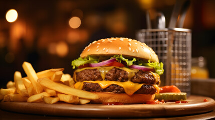 
Grilled cheeseburger and fries on the wooded restaurant table. blurred restaurant background. close up.