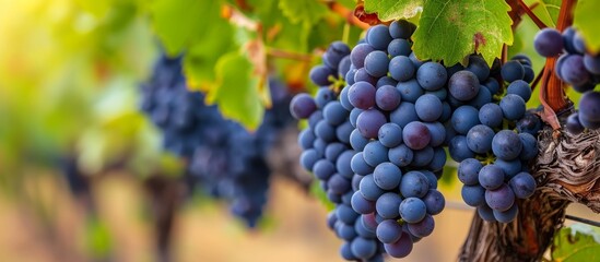 Grapes, a type of fruit, grow on vines in vineyards. They are seedless, delicious, and part of natural foods. Grape leaves and flowers can be seen on the flowering vine.