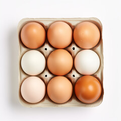 Egg Ensemble Visuals Showcasing Natural Colors and Arrangement in a Carton on a Pristine White Background