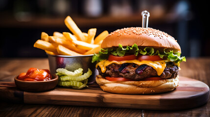 
Grilled cheeseburger and fries on the wooded restaurant table. blurred restaurant background. close up. - obrazy, fototapety, plakaty