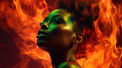 Fototapeta na wymiar Fiery Silhouette of African Woman Profile. An African woman's profile against dynamic flames.