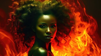 Emerald Fire Queen with Regal Bearing. Regal African woman, emerald light casting fiery shadows.
