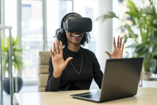 Businesswoman wearing virtual reality simulator gesturing at desk in office