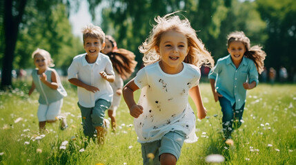 
A group of happy children of boys and girls run in the Park on the grass on a Sunny summer day.