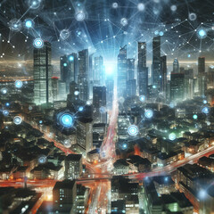 A futuristic cityscape with pulsating nodes of technology and communication