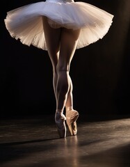 Beautiful ballerina legs in white tutu on black background