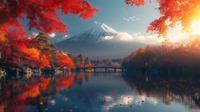 Autumn In Japanese Garden Fuji Moutain Background,generative Ai