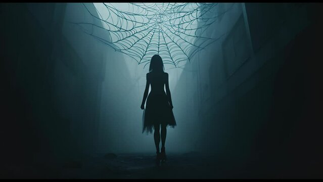 Silhouette of a ghost woman outdoor. A ghost in a white dress in the moonlight. Halloween, horror and thriller concept.