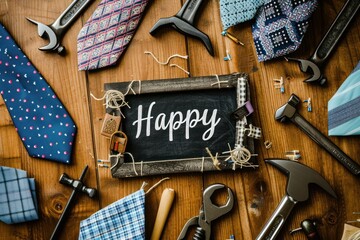 Happy Fathers Day message on a chalkboard tag with frame of tools and ties on a wooden background