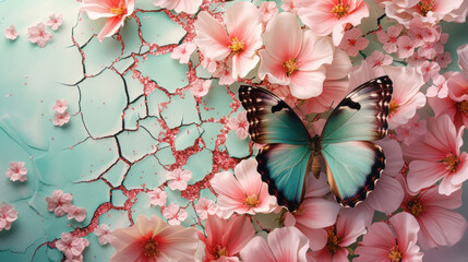 3D Floral Butterfly Cracked Wall as Wallpaper Background Illustration, sparkling butterfly and pink flowers on a green cracked background