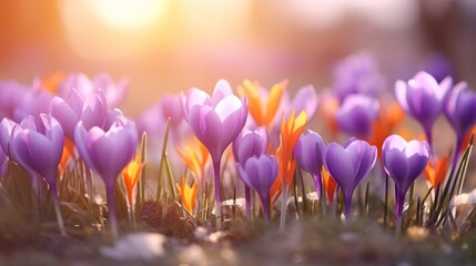 Beautiful first flowers of purple crocus growth at the meadow with smooth bokeh sun light for spring concept background. - obrazy, fototapety, plakaty