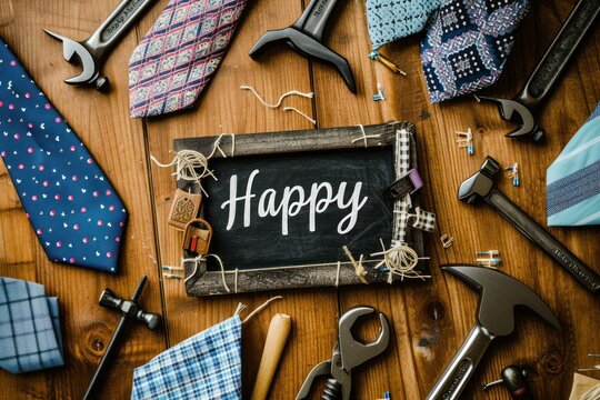 Happy Fathers Day message on a chalkboard tag with frame of tools and ties on a wooden background
