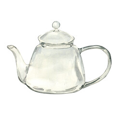 Watercolor illustration of empty transparent teapot for medicinal herbs isolated on white . Glass teapot for herbal tea. Glass utensil hand drawing. For label herbal plants, herbalism, green tea