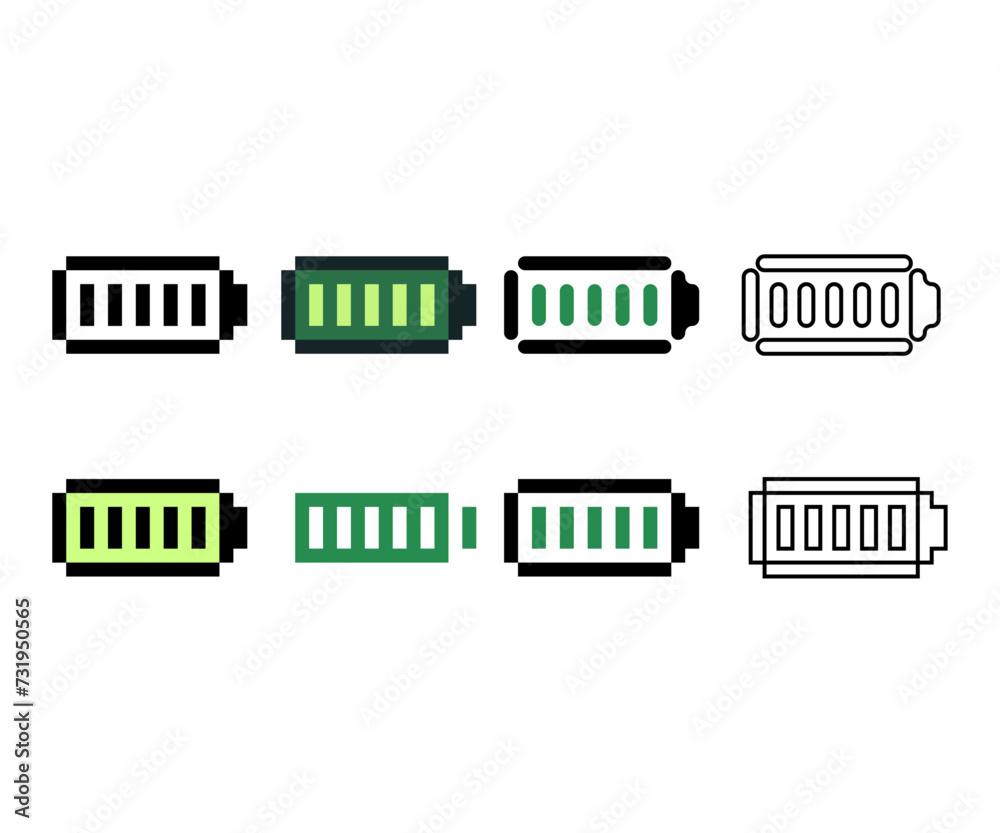 Poster pixel art outline sets icon of battery variation color. battery icon on pixelated style. 8bits perfe