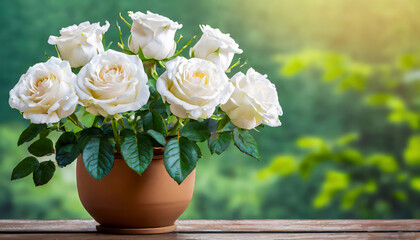 Beautiful white roses in pot, closeup with copy space