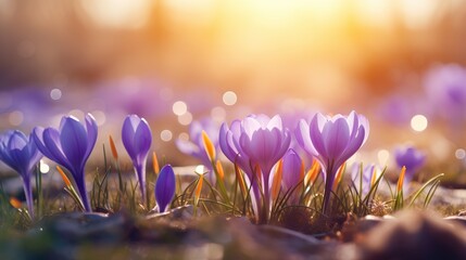 Beautiful first flowers of purple crocus growth at the meadow with smooth bokeh sun light for spring concept background. - obrazy, fototapety, plakaty