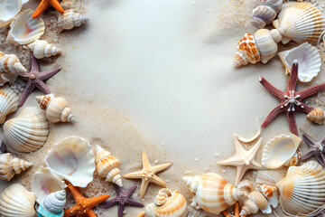 seashells on the sand, free space for text, vacation, travel concept