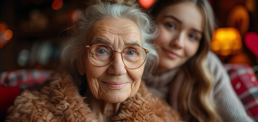 A photo of an old grandmother sitting in a chair with an adult woman behind on a Valentine's background