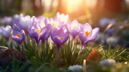 Beautiful first flowers of purple crocus growth at the meadow with smooth bokeh sun light for spring concept background.