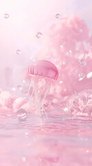 Transparent pink jellyfish floating in a surrealist calm water environment with y2k aesthetic.