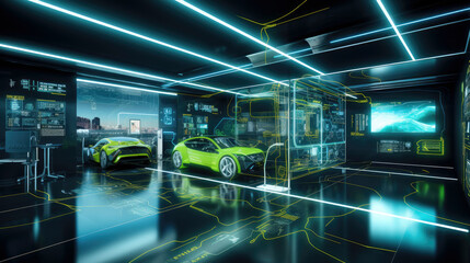 Inside a high-tech car repair garage, sleek machinery, robotic precision, modern automotive service