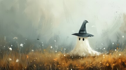 oil painting of cute halloween ghost with a witch hat admist beautiful meadow
