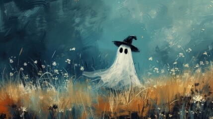 oil painting captures the essence of Halloween with a cute ghost wearing a witch hat amidst a beautiful meadow
