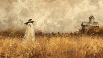 oil painting captures the essence of Halloween with a cute ghost wearing a witch hat amidst a beautiful meadow
