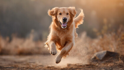 Golden retriever playing and running outdoor - obrazy, fototapety, plakaty