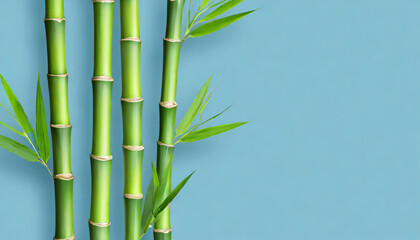 Fototapeta na wymiar Green bamboo stems on blue background with copy space