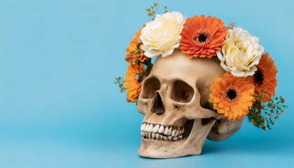 Human skull with flowers on blue background with copy space