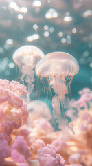 Transparent pink jellyfish floating in a surrealist calm water environment with y2k aesthetic.