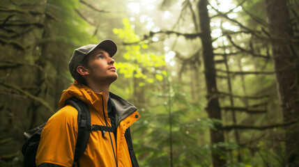 Man in a yellow jacket looks up, captivated by the light piercing through the foggy forest canopy