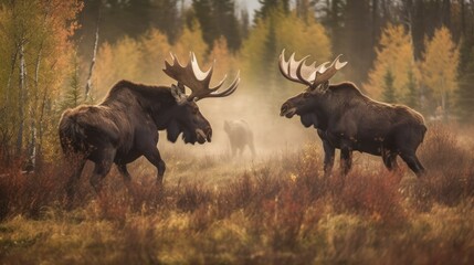 moose fight in the middle of the rut in the fall