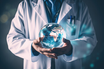 A medical doctor holding the planet earth in his hands