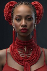 Woman in a red dress with braids on her head
