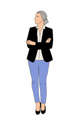 Senior woman standing full length looking to the side. Gray Hair lady wearing smart casual office outfit and high heels. Vector outline illustration isolated on white background.