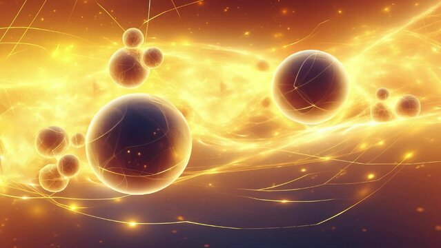 Slow motion of quantum mechanics physical particles, yellow background. AI generated.